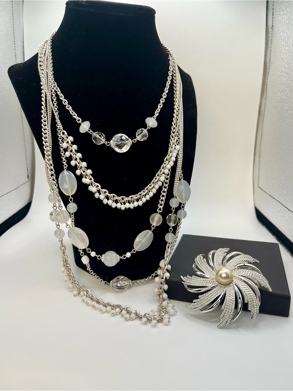 Silver-Tone Multi-Strand Necklace with White Beads and Crystal Accents
